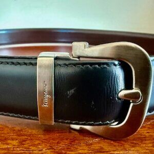 Vintage FERRAGAMO Men's Reversible BLACK/BROWN LEATHER Belt, Gancini, US Size 34